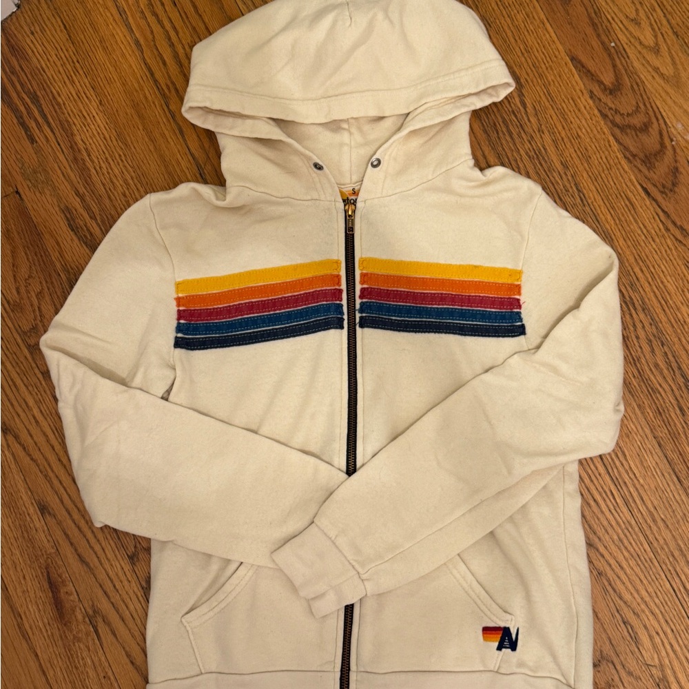 Aviator Nation Cream Hoodie with Rainbow Stripes